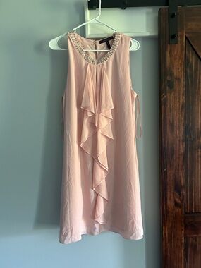 BCBGMaxAzria Pale Pink Ruffle Front Mini Dress with Embellished Neckline